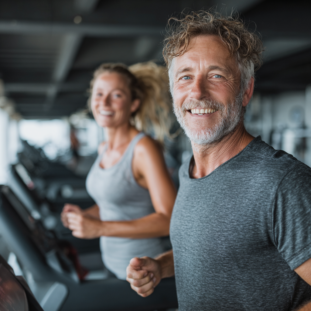 Чоловік 58 років та жінка 52 років займаються кардіо тренуванням на біговій доріжці в яскраво освітленому залі