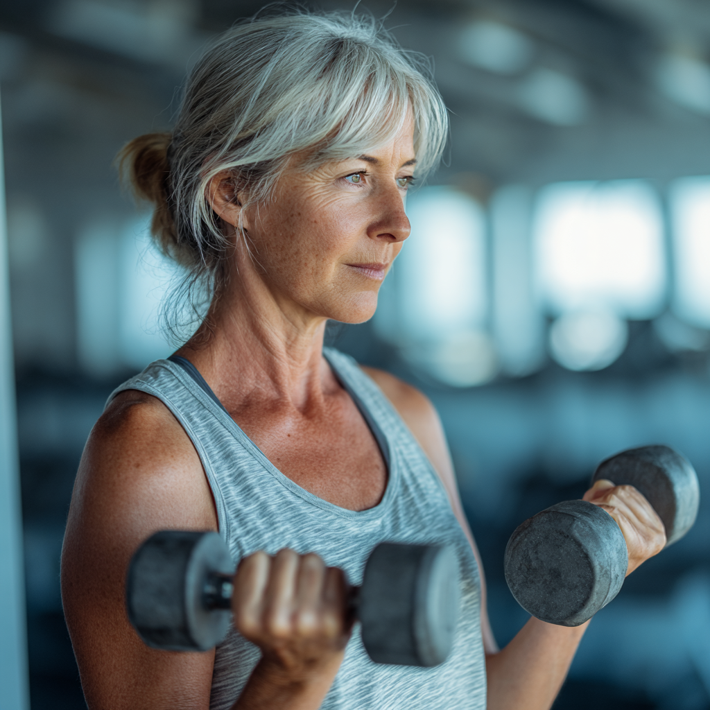 Активна жінка 55 років виконує силові вправи з гантелями в сучасному фітнес залі