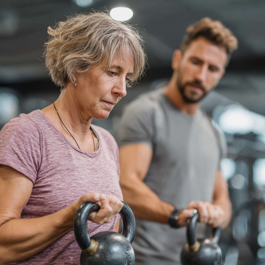 Персональний тренер допомагає жінці 55 років виконувати вправи з гирями у фітнес студії